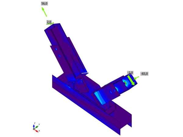Bolted brace node: SHS 120 braces on an HEA 160 beam: equivalent stress plot
