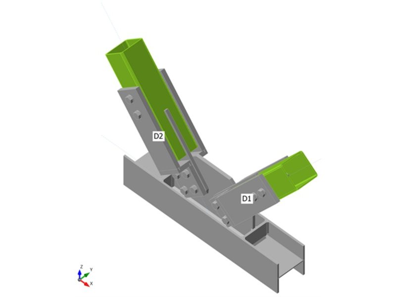 Bolted brace node: SHS 120 braces on an HEA 160 beam: overall check of the finite element model