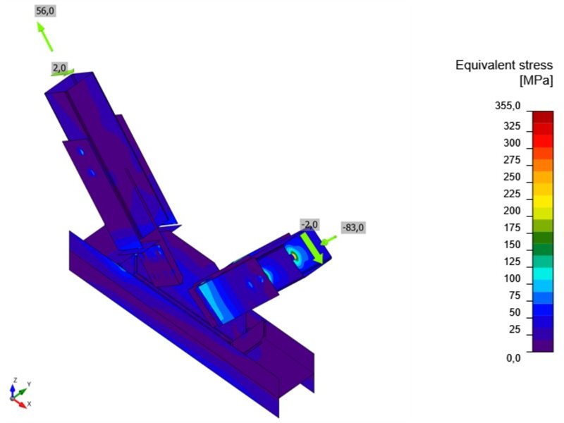 Bolted brace node: SHS 120 braces on an HEA 160 beam: equivalent stress in the plates and members