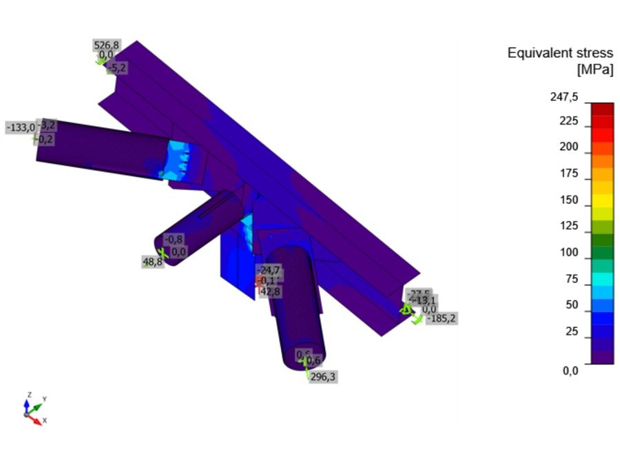 CHS 219.1 braces on an HEB 400 through a gusset plate: equivalent stress in the plates and members