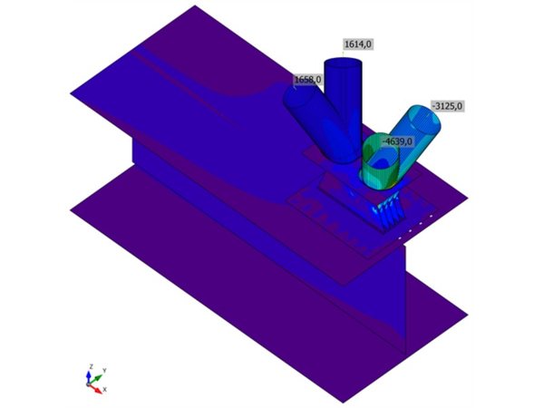 Four CHS 660 struts on a deep plate girder: equivalent stress plot