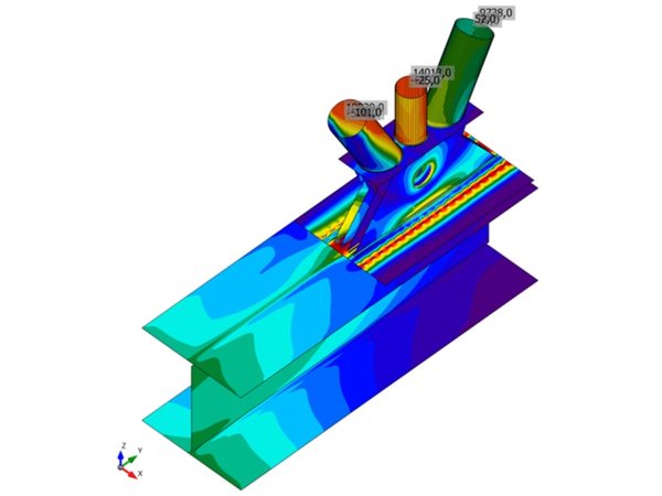 CHS 914 and CHS 711 struts on a plate girder with M52 bolts: equivalent stress plot