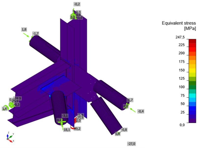 Bracing node at an HEA 240 column with an IPE 360 beam: equivalent stress in the plates and members