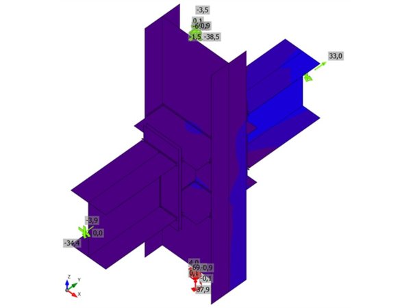 HEA 500 beams framing into an HEB 600 column: equivalent stress plot