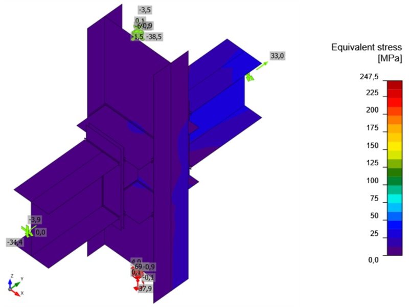 HEA 500 beams framing into an HEB 600 column: equivalent stress in the plates and members