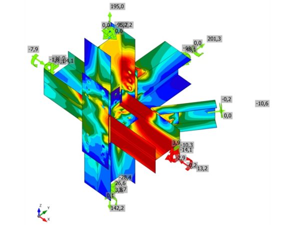 Column node with UPN 160 and angle braces on an HEB 200: equivalent stress plot