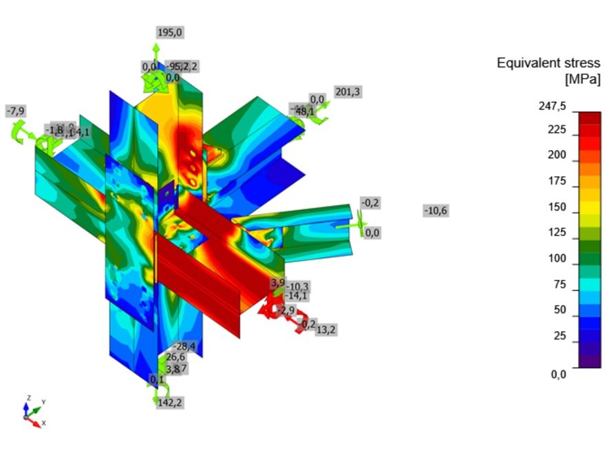 Column node with UPN 160 and angle braces on an HEB 200: equivalent stress in the plates and members