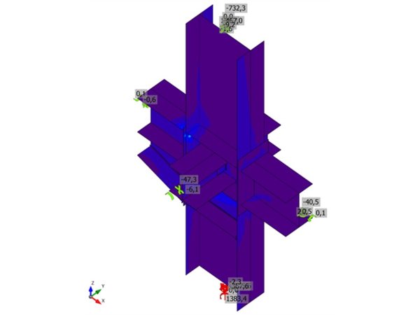 HEB 400 and HEA 300 beams on an HEB 600 column: equivalent stress plot