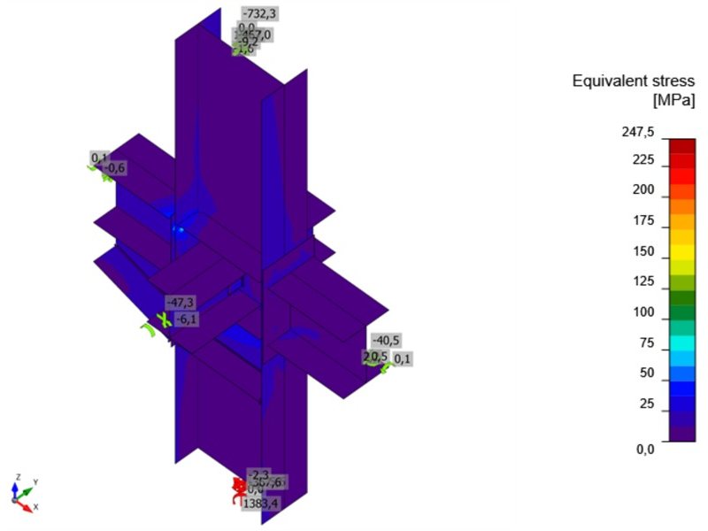 HEB 400 and HEA 300 beams on an HEB 600 column: equivalent stress in the plates and members
