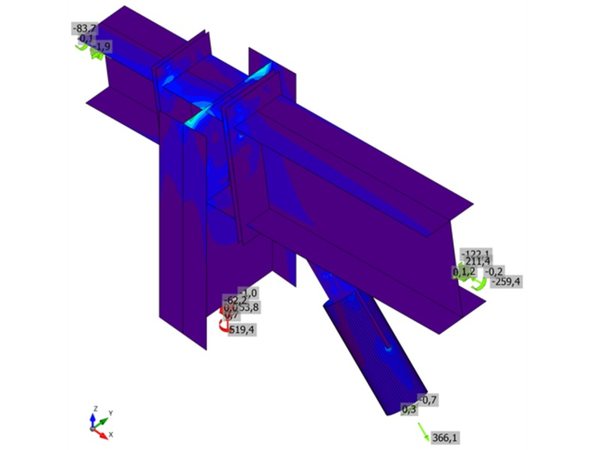 HEB 400 beams over an HEB 600 column with a CHS brace: equivalent stress plot