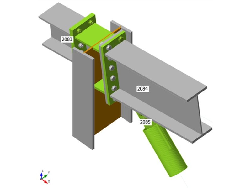 HEB 400 beams over an HEB 600 column with a CHS brace: overall check with plastic strain