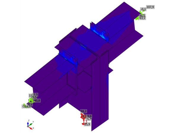 HEB 450 beams on an HEB 600 column: equivalent stress plot