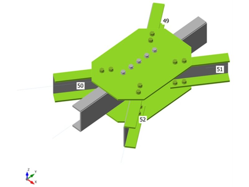Horizontal bracing node: four UPN 160 on one gusset plate: overall check with plastic strain