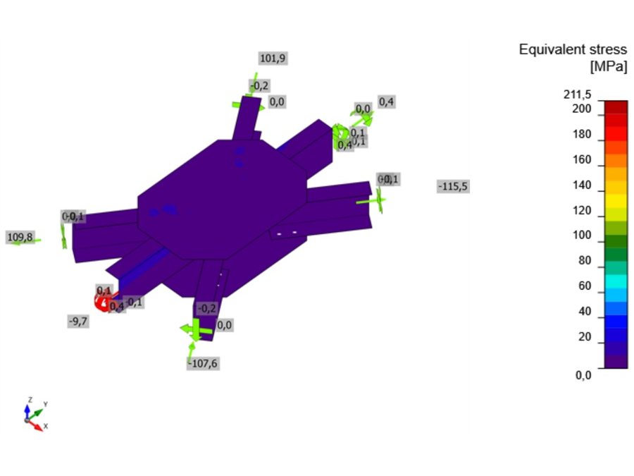 Horizontal bracing node: four UPN 160 on one gusset plate: equivalent stress in the plates and members