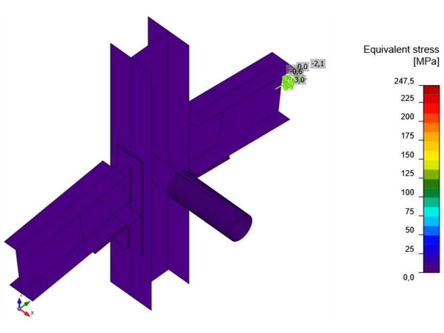 IPE 360 beams on an HEA 300 column: equivalent stress in the plates and members