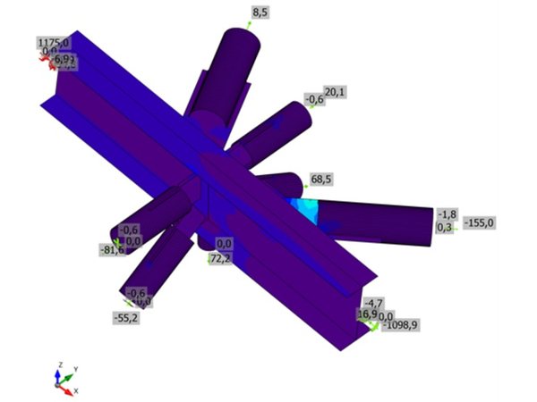 Lattice node: CHS 219.1 braces on an HEB 600 chord: equivalent stress plot