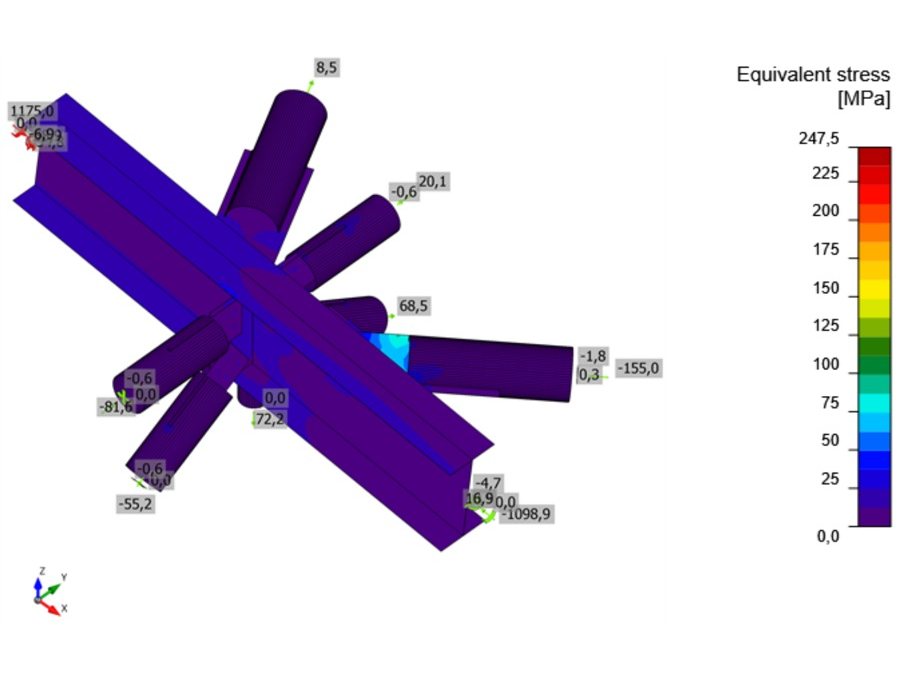 Lattice node: CHS 219.1 braces on an HEB 600 chord: equivalent stress in the plates and members