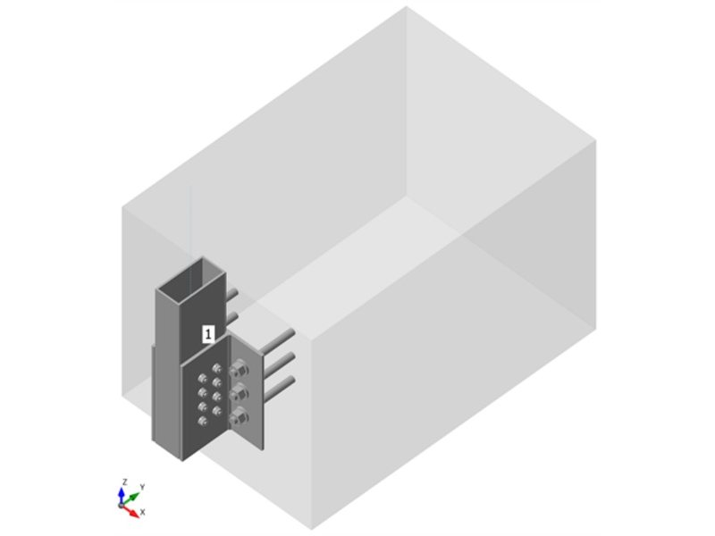 RHS 100×50 post anchored to the side of a concrete wall: overall check with plastic strain