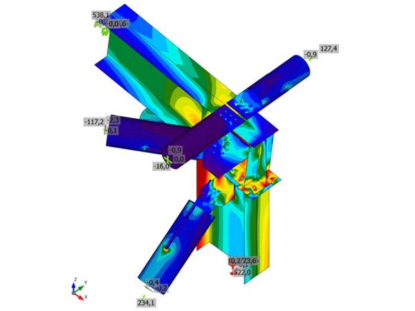 Truss seat on an HEB 600 column with CHS braces: equivalent stress plot