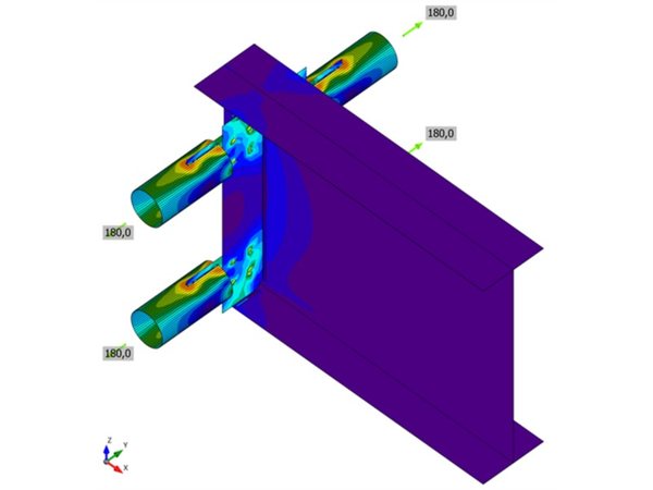 Tubular braces bolted to the web of a deep girder: equivalent stress plot