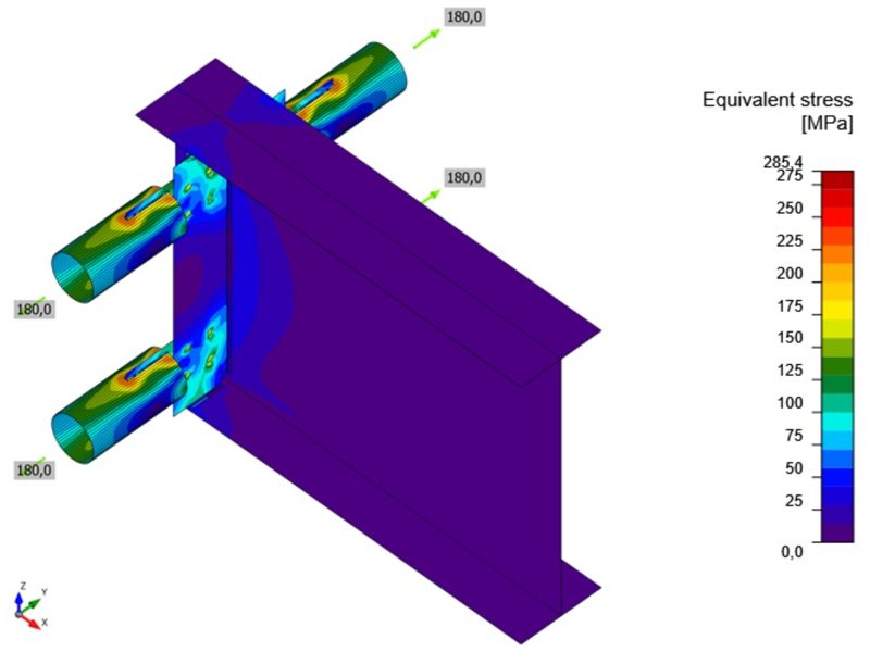 Tubular braces bolted to the web of a deep girder: equivalent stress in the plates and members