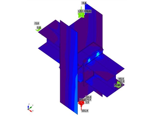 Two HEA 300 beams on an HEB 450 column through welded stubs: equivalent stress plot