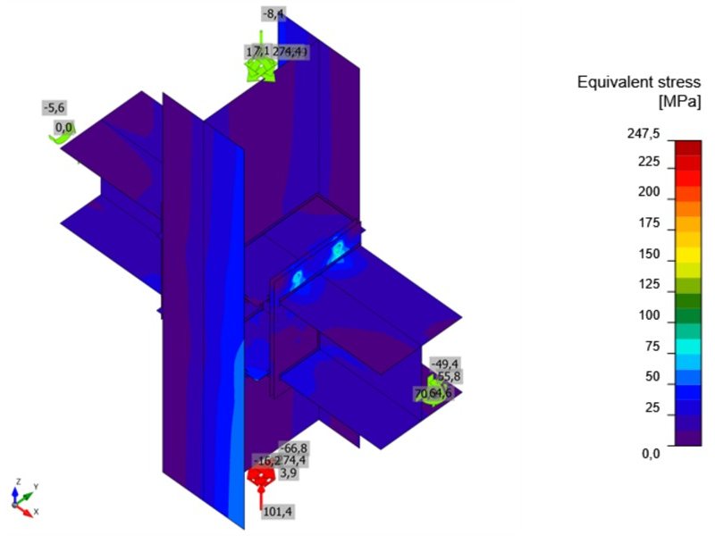 Two HEA 300 beams on an HEB 450 column through welded stubs: equivalent stress in the plates and members