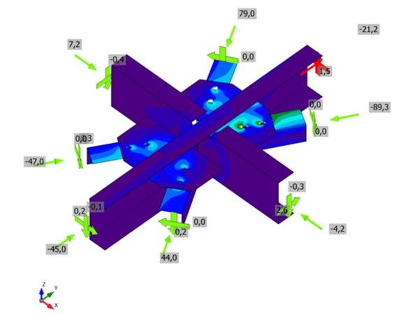 Cross node: UPN 200 members with angle braces: equivalent stress plot