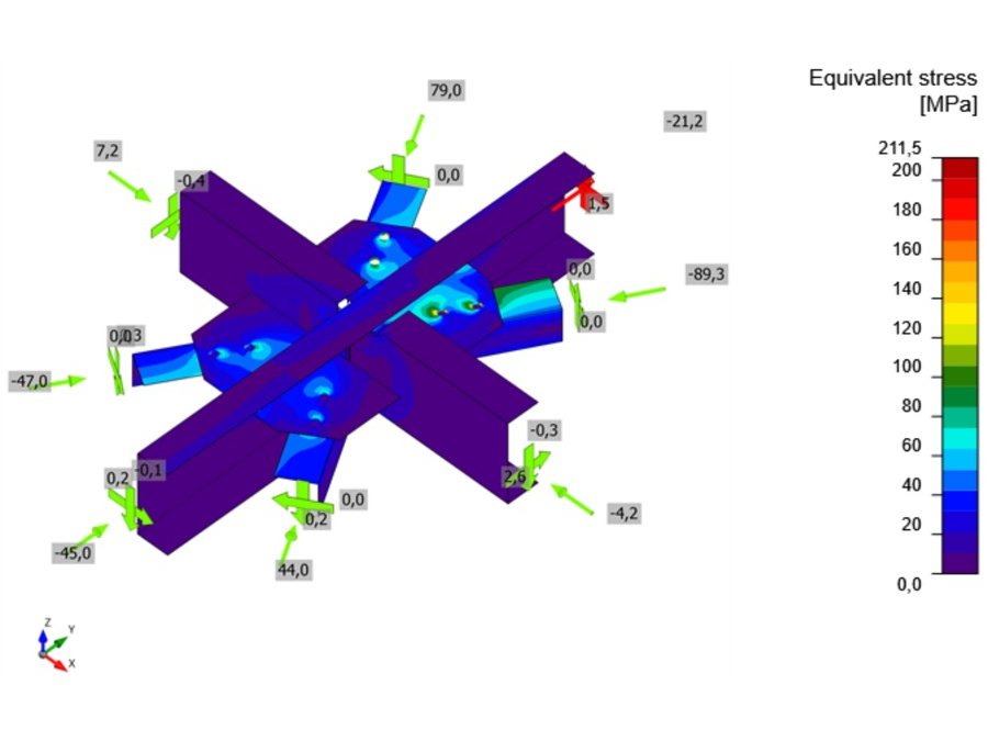 Cross node: UPN 200 members with angle braces: equivalent stress in the plates and members