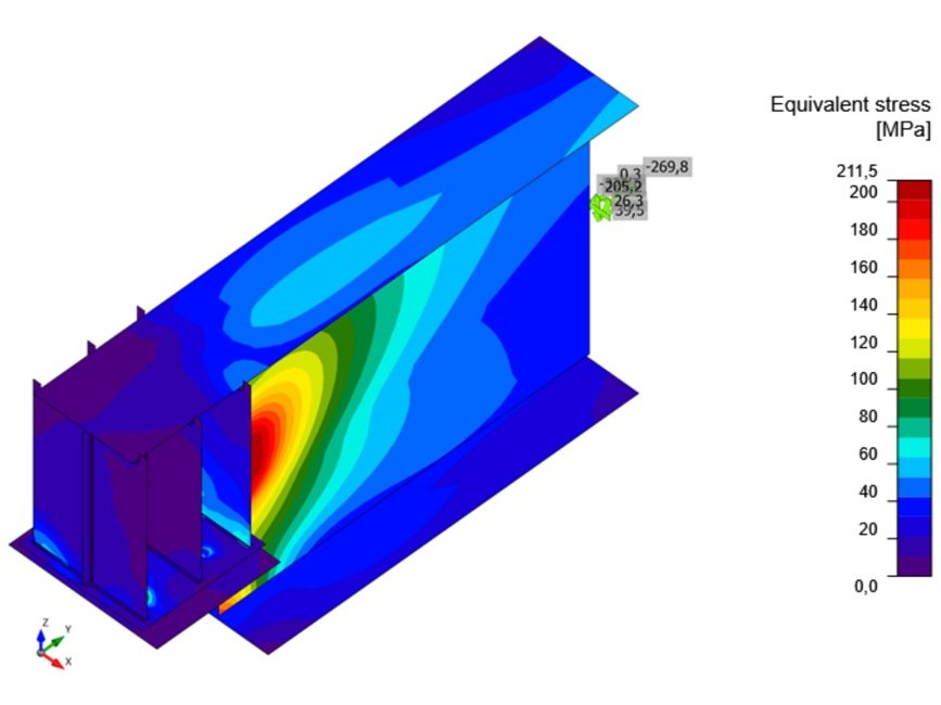 Girder bearing on concrete: welded I 1200 on an anchored base: equivalent stress in the plates and members