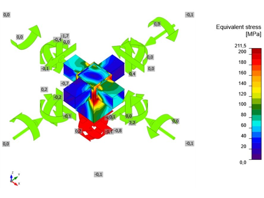 Welded node of SHS 60 and SHS 40 members: equivalent stress in the plates and members