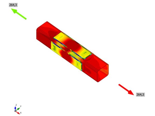 Welded sleeve splice of an SHS 80×80×5 in tension: equivalent stress plot
