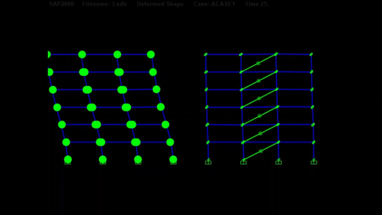 Deformed shapes of a steel frame without and with viscous dampers