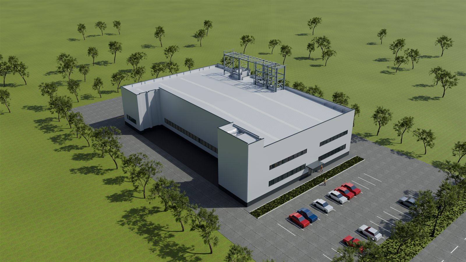 Rendered steel building with parking area