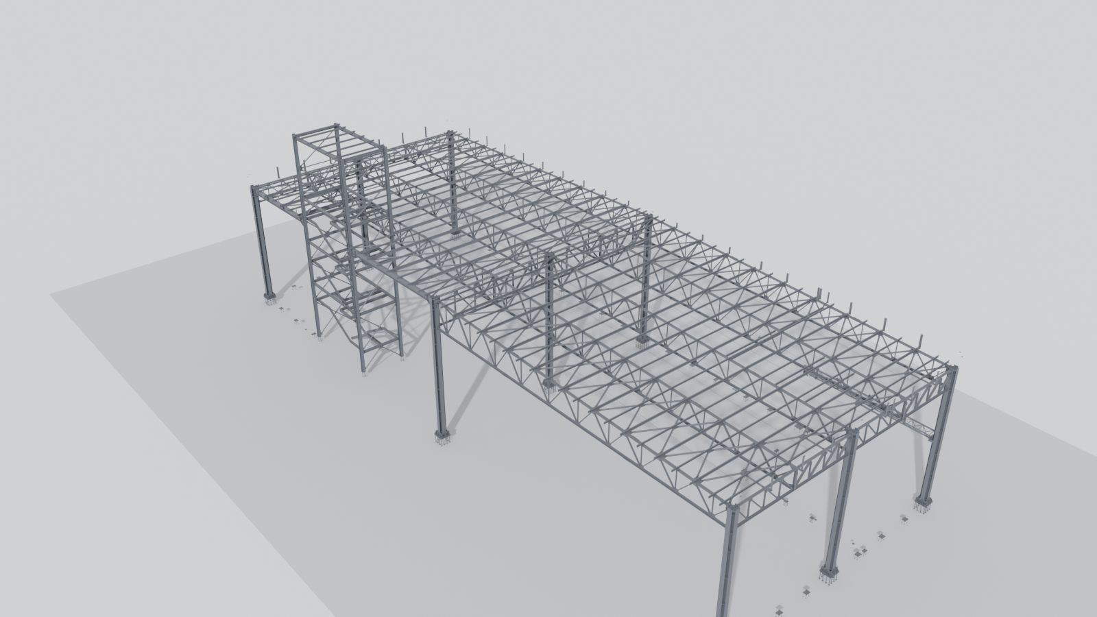 Warehouse with stair tower: steel model render
