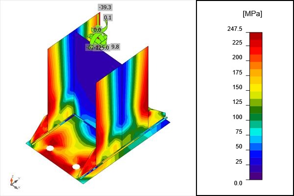 Equivalent stress plot of a stiffened base plate