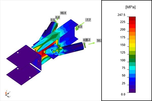 Equivalent stress plot of two tube braces on a base gusset