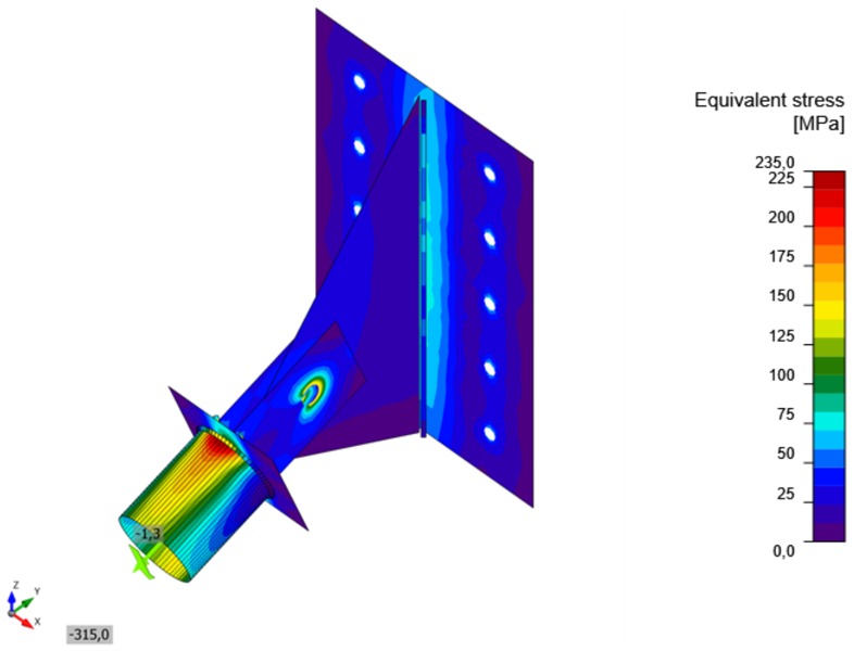 Equivalent stress plot of an inclined tube cantilever on a bolted wall plate
