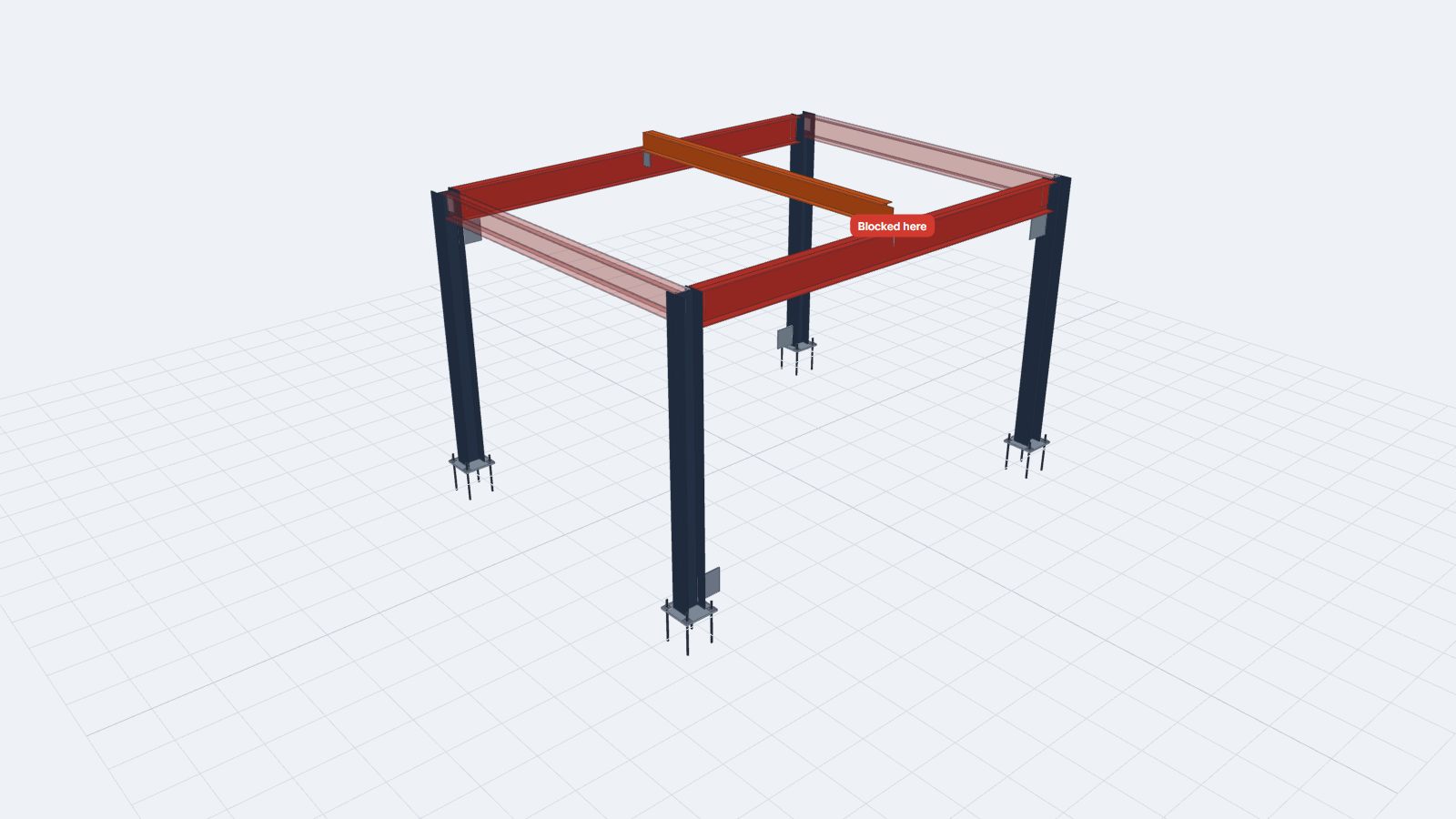 Platform frame in the drawn sequence: the infill beam is stopped above its position, the two girders that block it are red