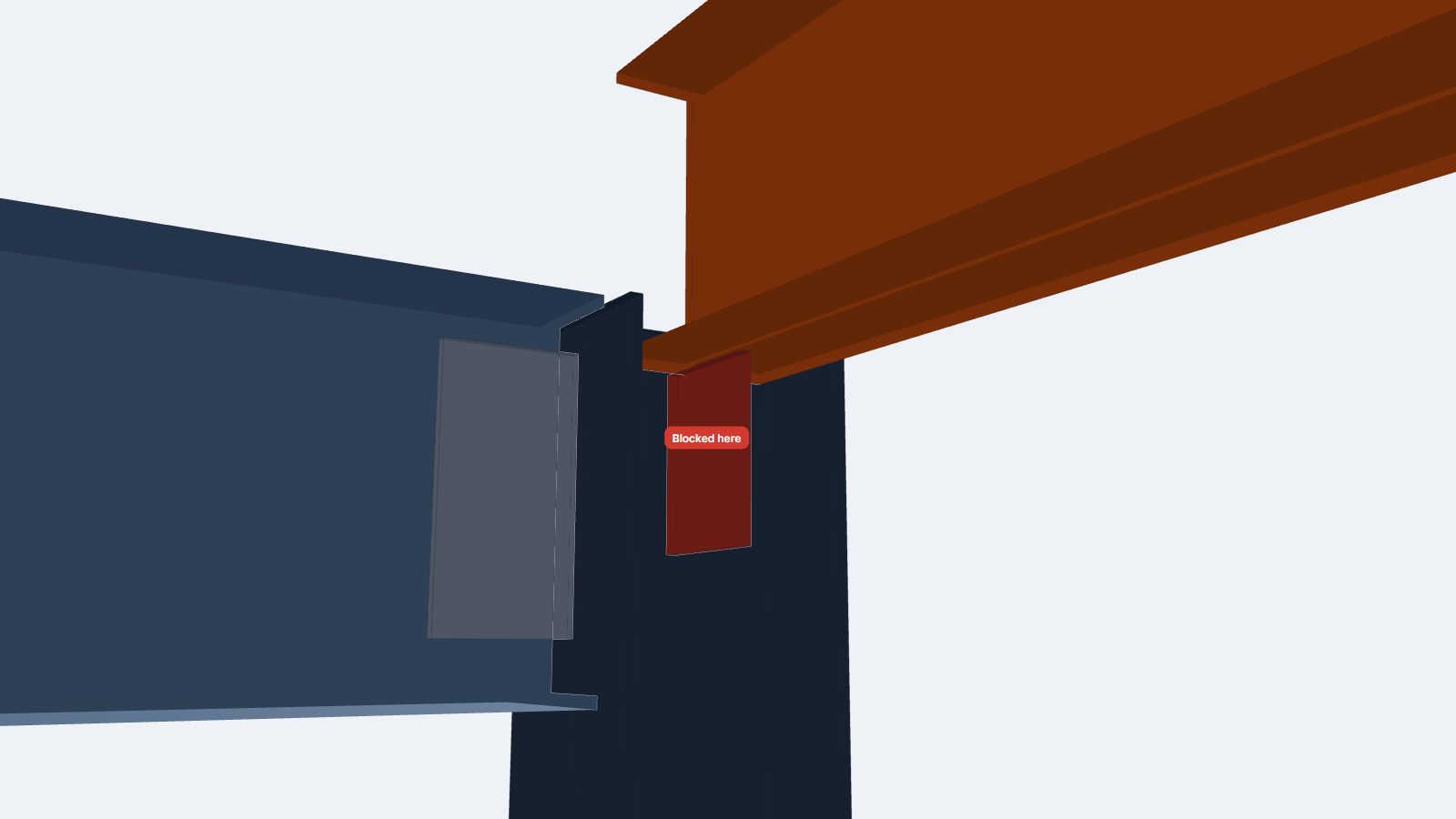 3D view of a W10 beam lowered toward a column web: its bottom flange rests on the shear tab between the column flanges, the tab is highlighted red