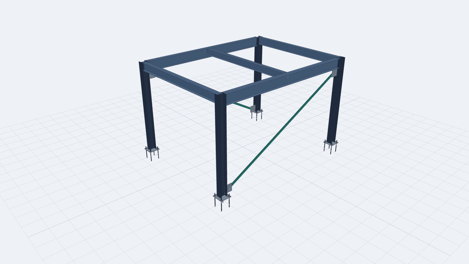 The completed platform frame after the planned sequence: four columns, two side beams, two girders, an infill beam and two braces