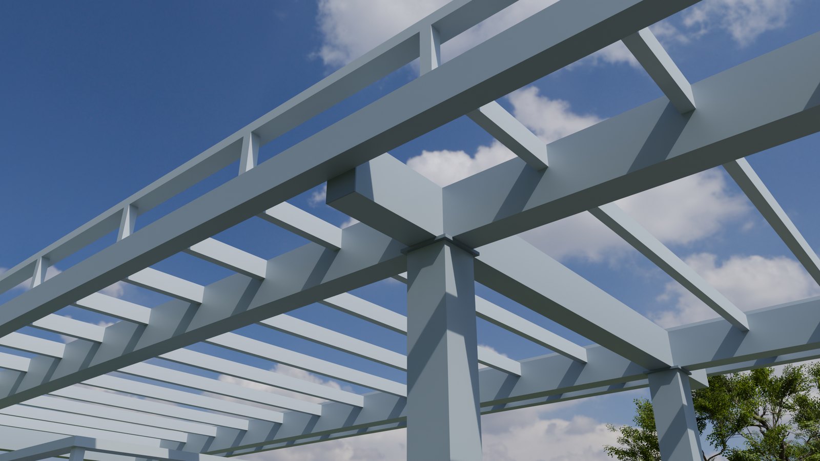 Steel column head with cap plate, continuous main beam and purlins