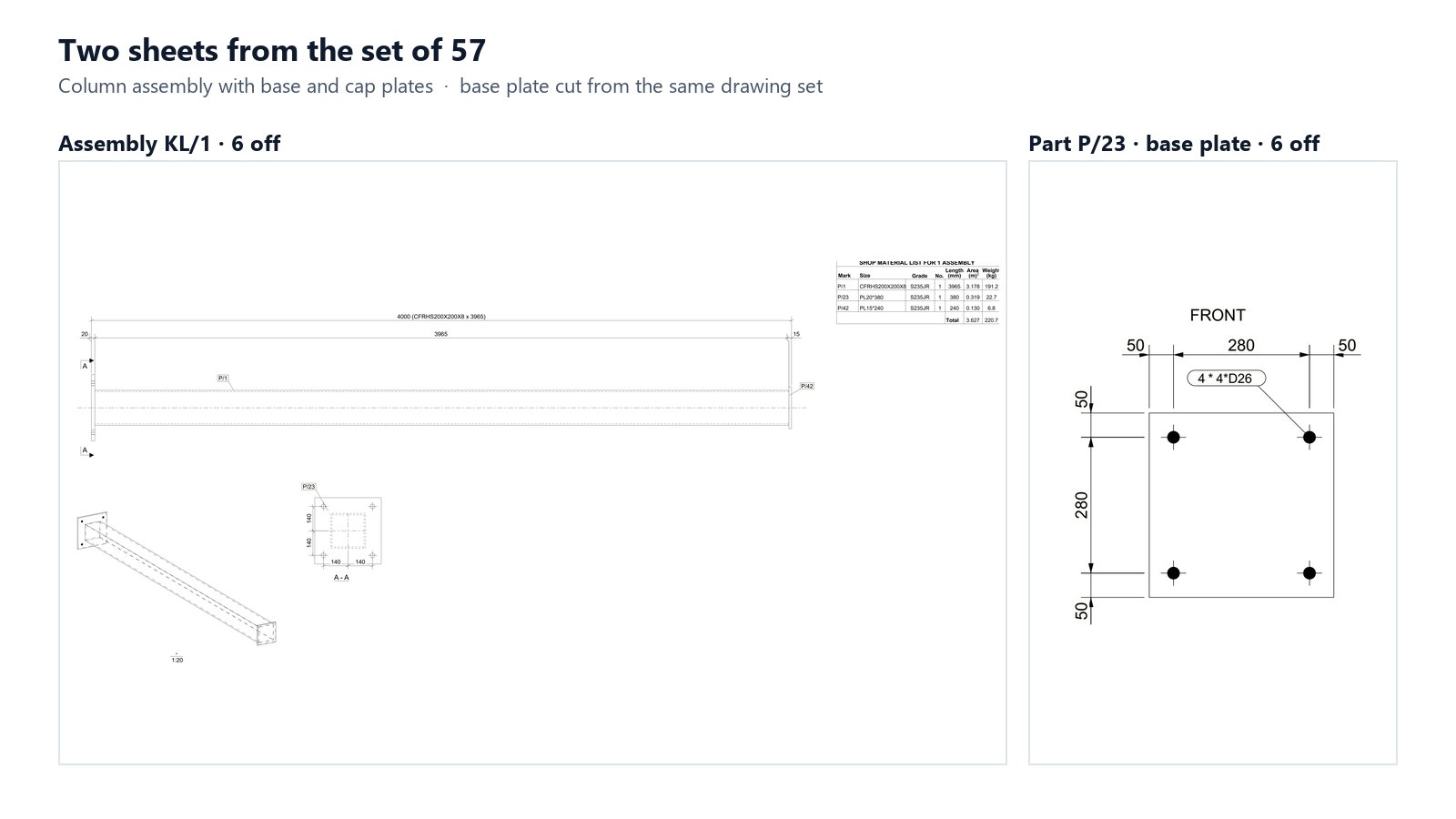 A column assembly drawing and a base plate drawing