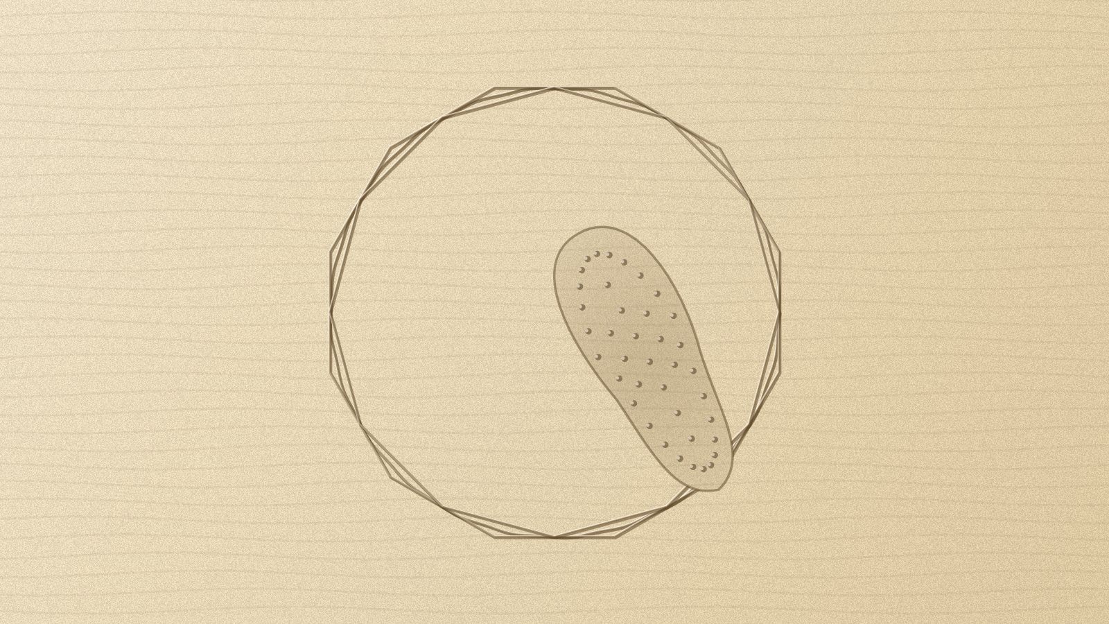 A circle and polygons drawn in sand, with a hobnailed Roman sandal print across them