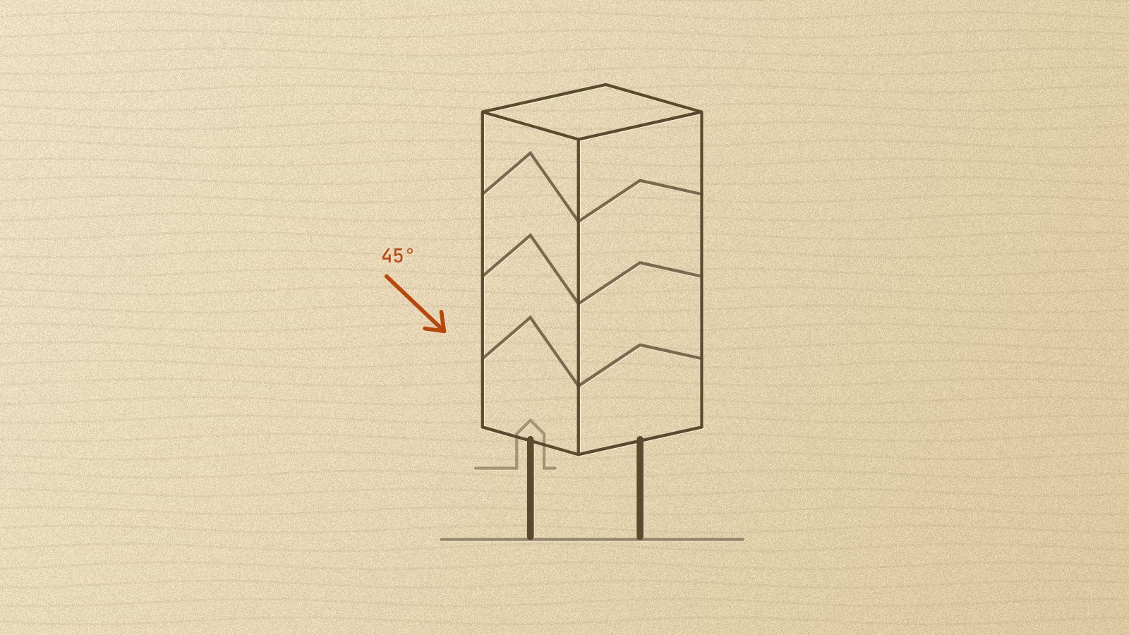 A tower on mid-side columns with chevron bracing and a diagonal wind arrow, drawn in sand