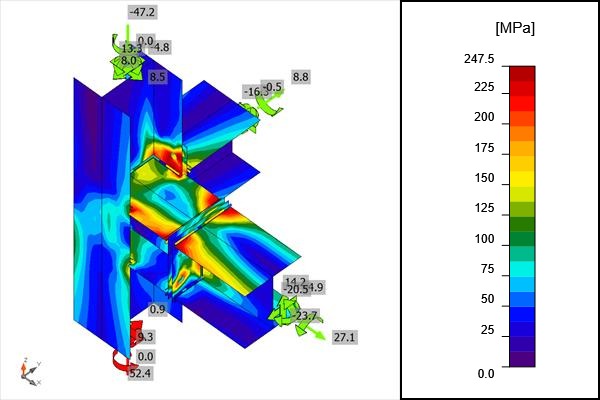 Equivalent stress plot of a multi-plate bolted node