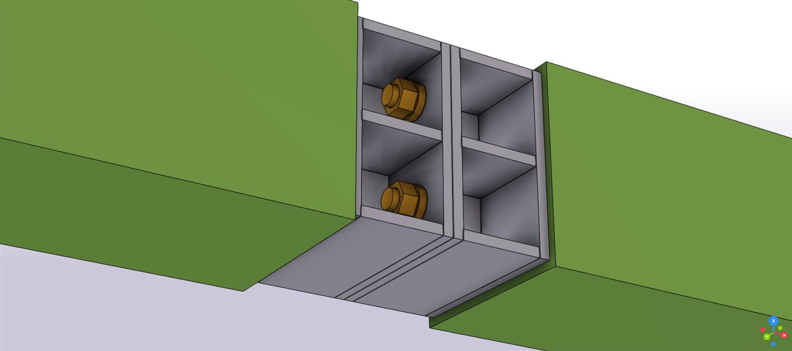 The same splice seen from below: bottom stiffener plate, cap plates and the bolts in the cells