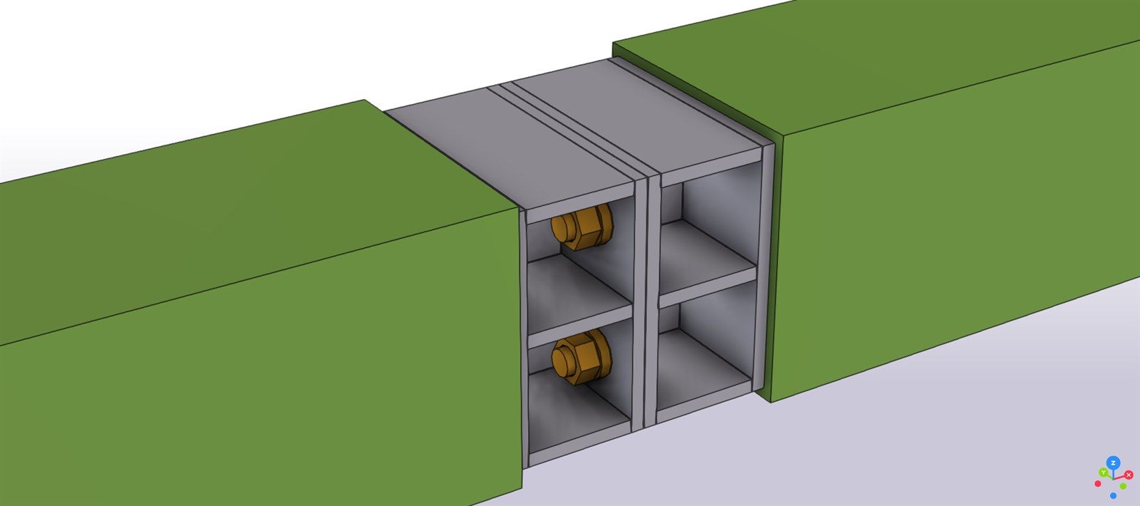 Two square hollow sections joined by a hidden splice: cap plates on the tube ends, a cross of stiffener plates forming four cells, two end plates face to face and bolts with nuts and washers inside the cells