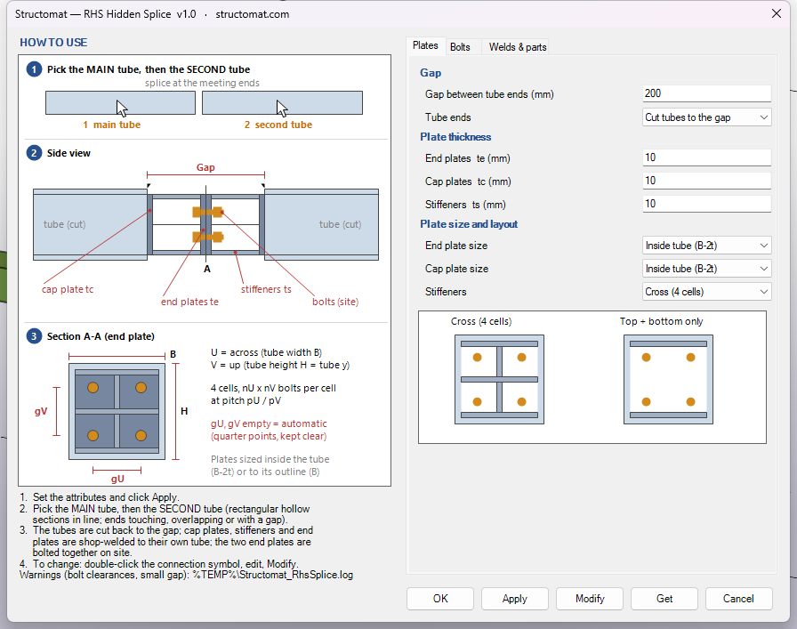 The connection dialog: a pick-order diagram, a side view and a section on the left, the plate attributes on the right