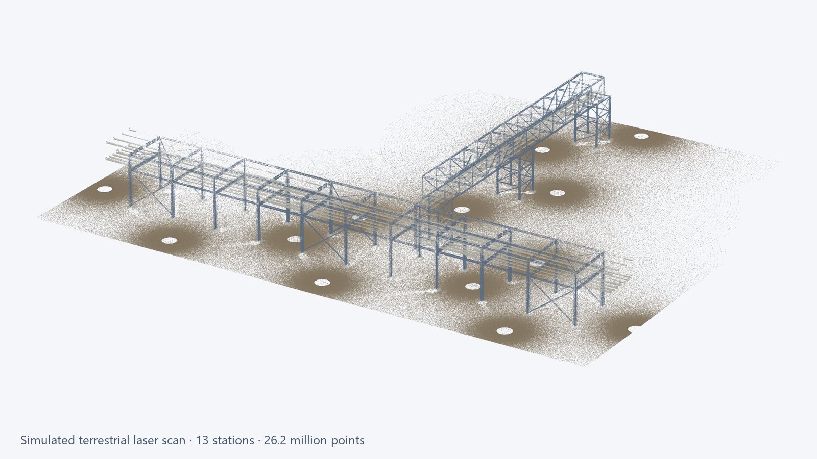 Simulated terrestrial laser scan of a pipe rack and truss bridge, 26.2 million points